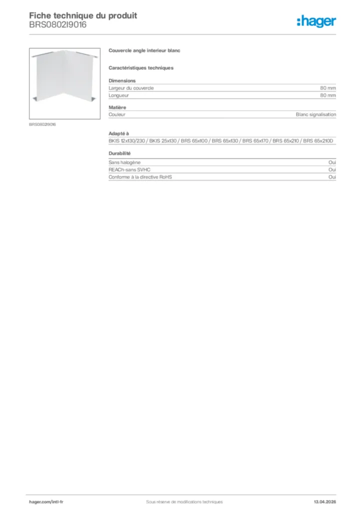 Image Hager Fiche technique du produit BRS0802I9016 | Hager Afrique