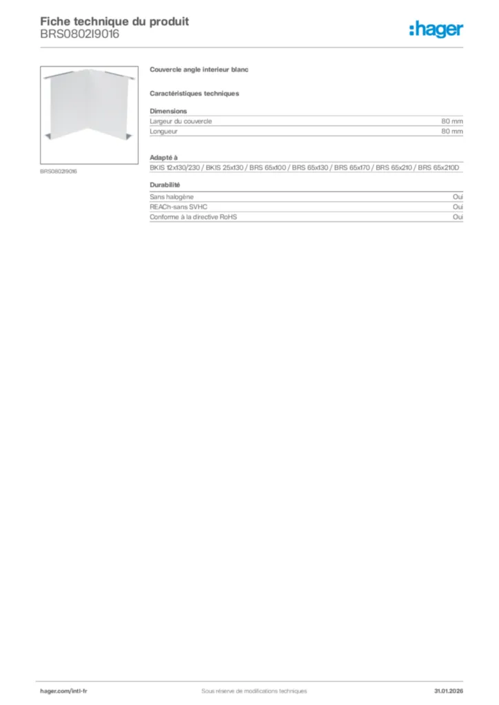 Image Hager Fiche technique du produit BRS0802I9016 | Hager Afrique