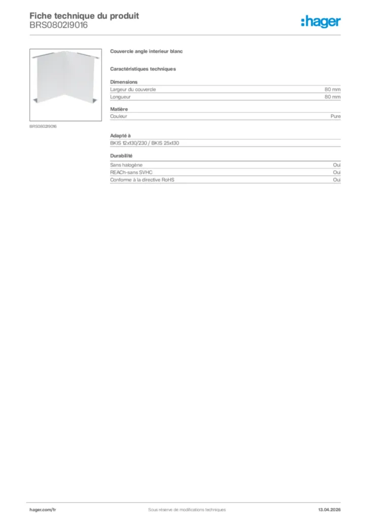 Image Hager Fiche technique du produit BRS0802I9016 | Hager France