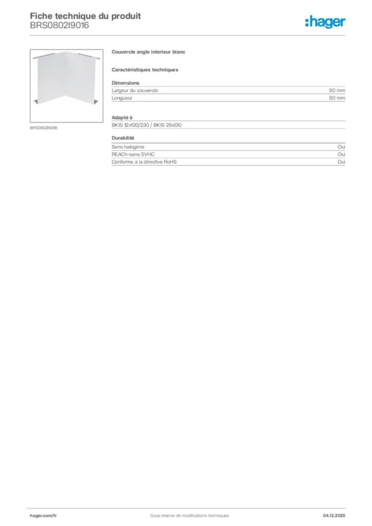 Image Hager Fiche technique du produit BRS0802I9016 | Hager France
