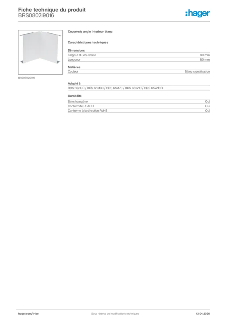 Image Hager Fiche technique du produit BRS0802I9016 | Hager Belgique