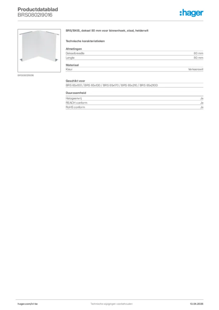 Afbeelding Hager Productdatablad BRS0802I9016 | Hager Belgium