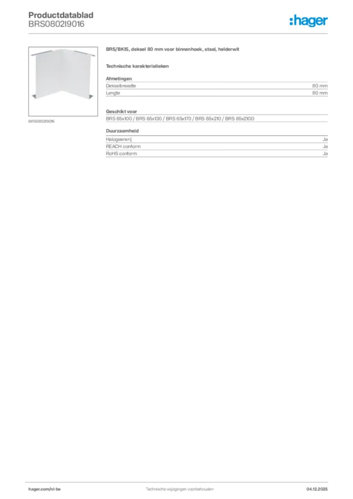 Afbeelding Hager Productdatablad BRS0802I9016 | Hager Belgium