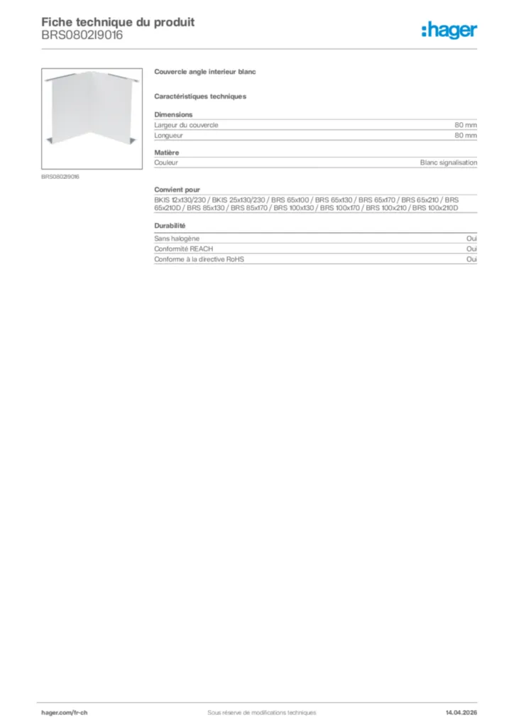 Image Hager Fiche technique du produit BRS0802I9016 | Hager Suisse
