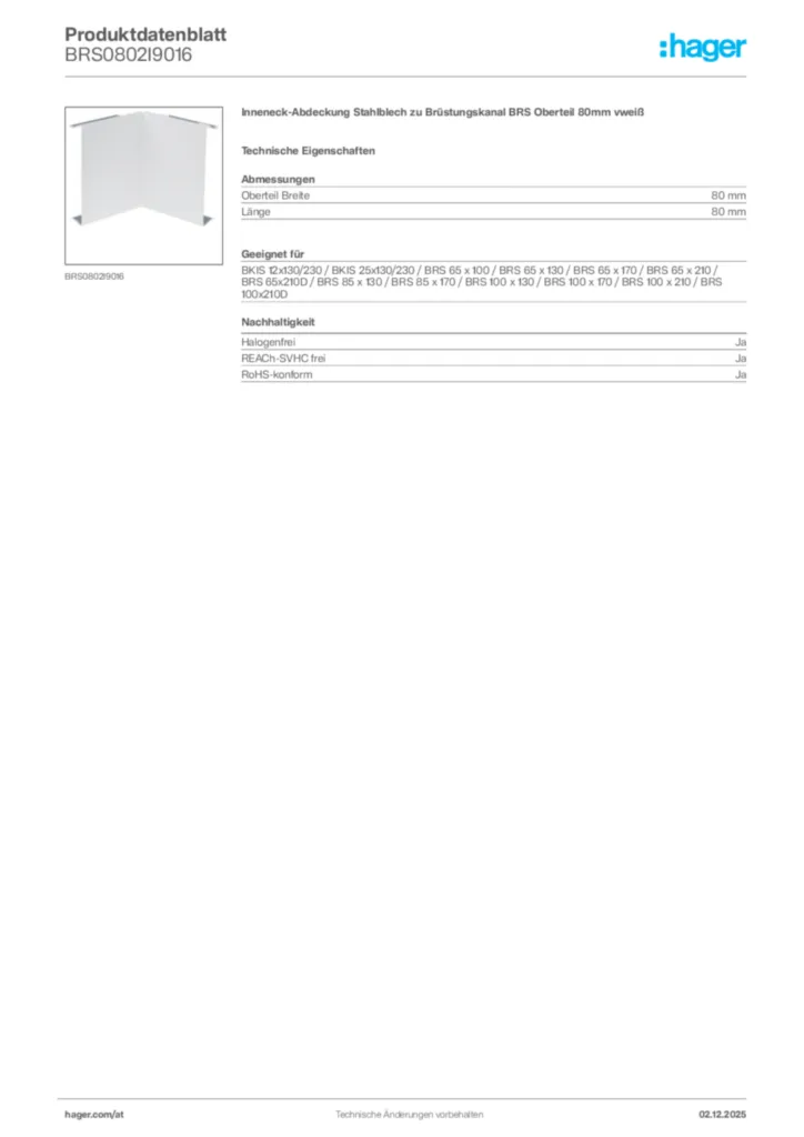 Bild Hager Produktdatenblatt BRS0802I9016 | Hager Deutschland