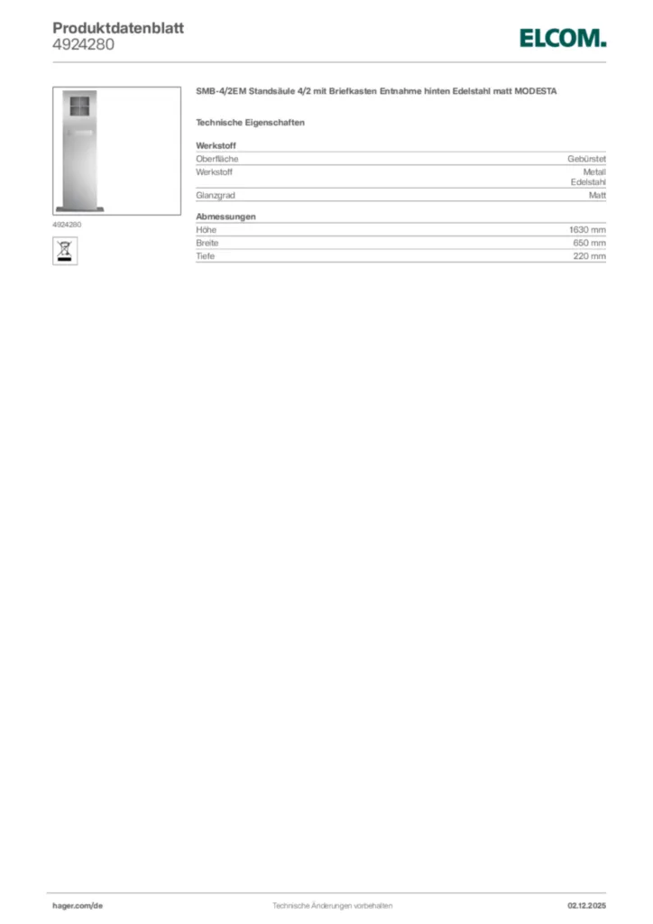 Bild Elcom Produktdatenblatt 4924280 | Hager Deutschland
