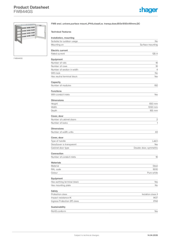 Image Hager Product data sheet FWB44GS  | Hager Africa