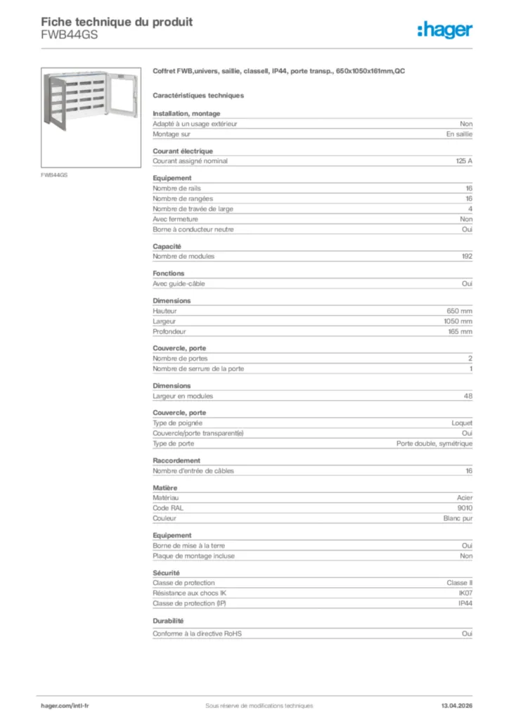 Image Hager Fiche technique du produit FWB44GS | Hager Afrique