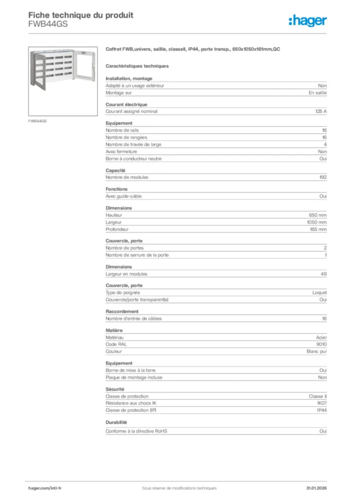 Image Hager Fiche technique du produit FWB44GS | Hager Afrique