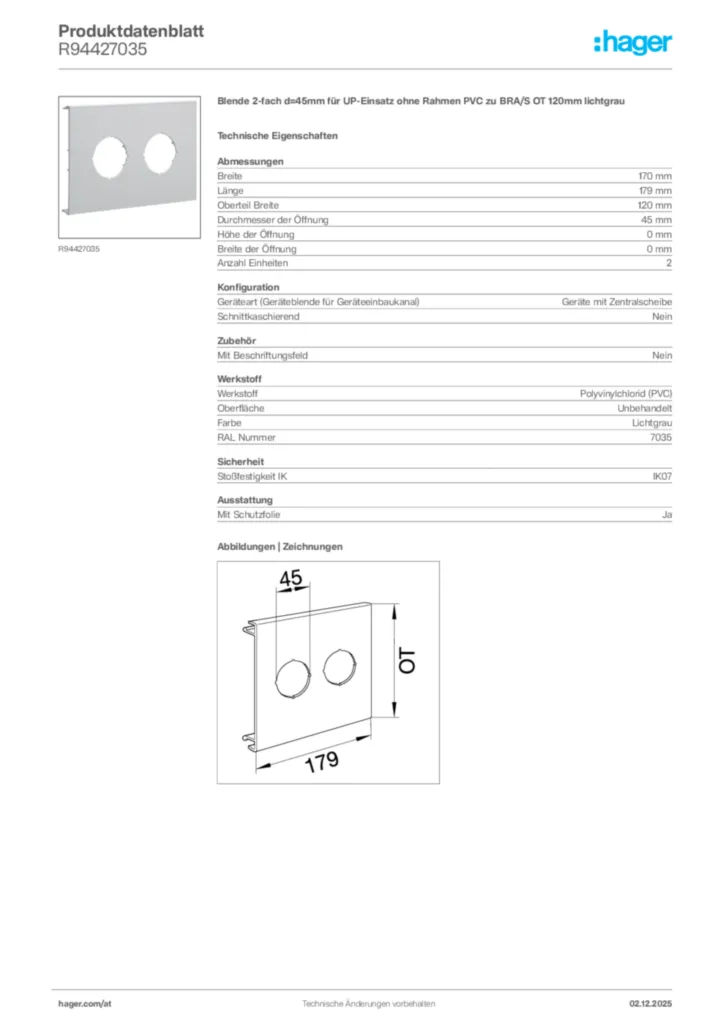 Bild Hager Produktdatenblatt R94427035 | Hager Deutschland