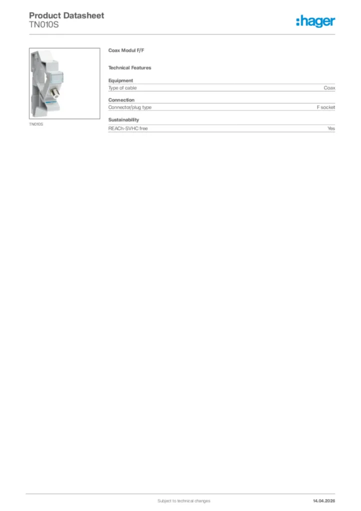 Image Hager Product data sheet TN010S  | Hager Africa