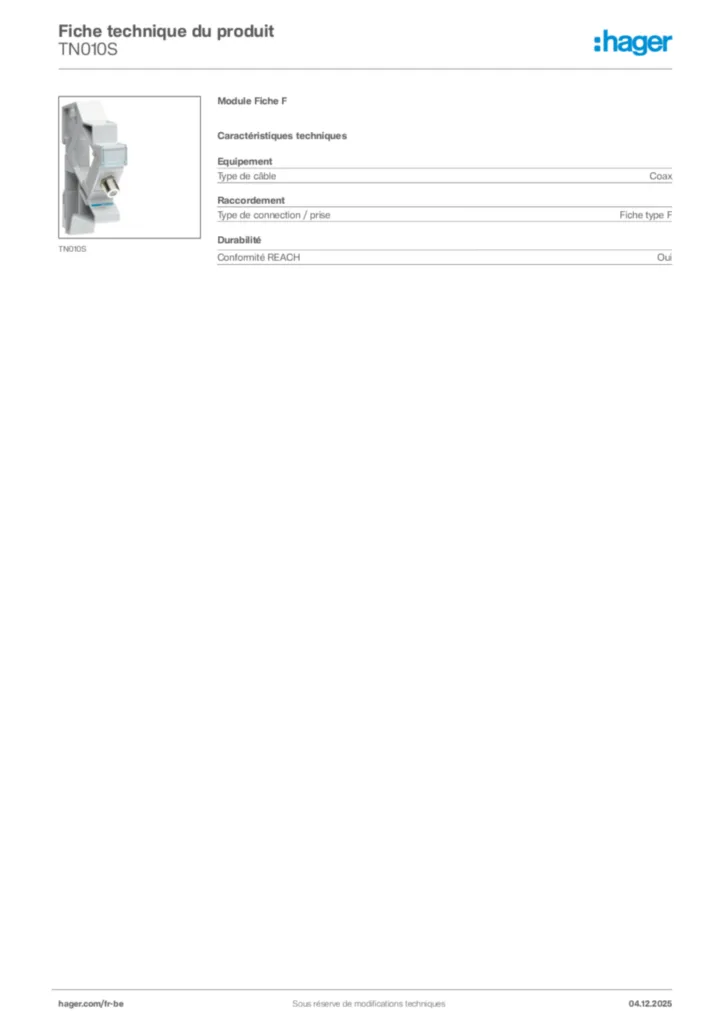 Image Hager Fiche technique du produit TN010S | Hager Belgique