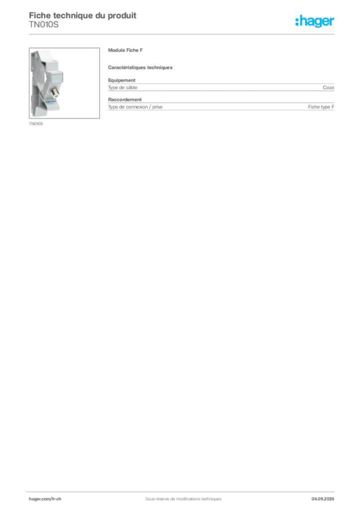 Image Hager Fiche technique du produit TN010S | Hager Suisse