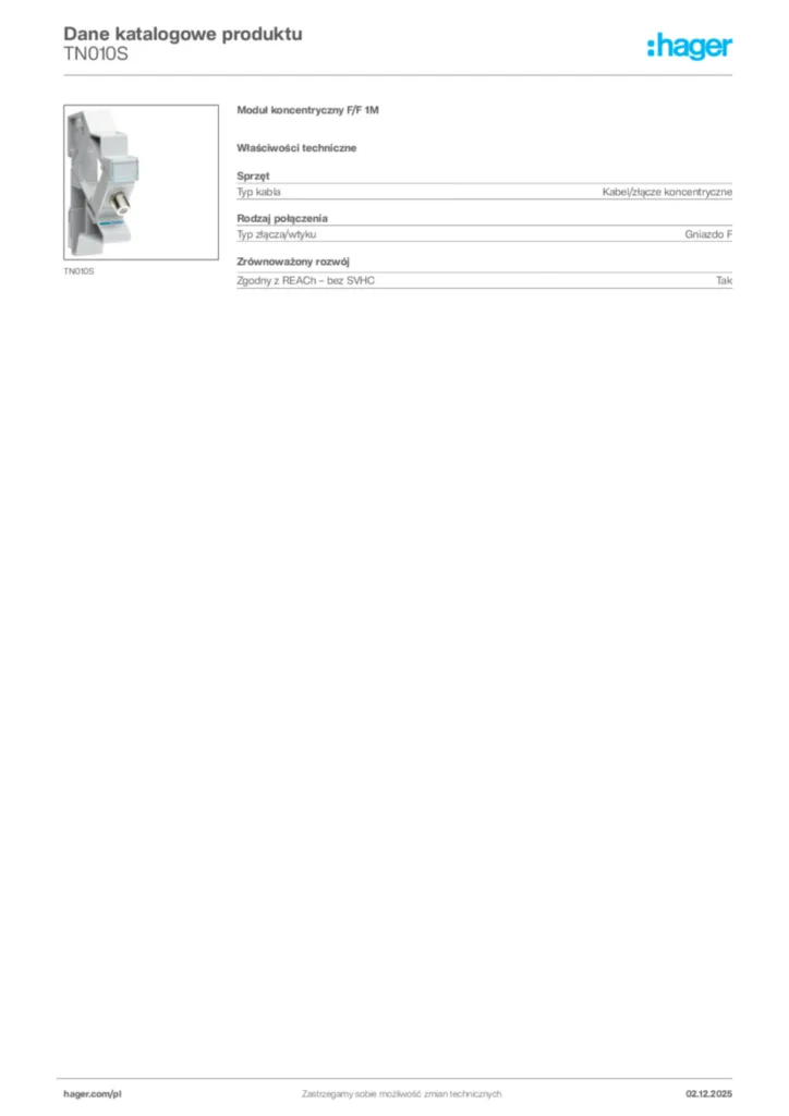 Zdjęcie Hager Dane katalogowe produktu TN010S | Hager Polska