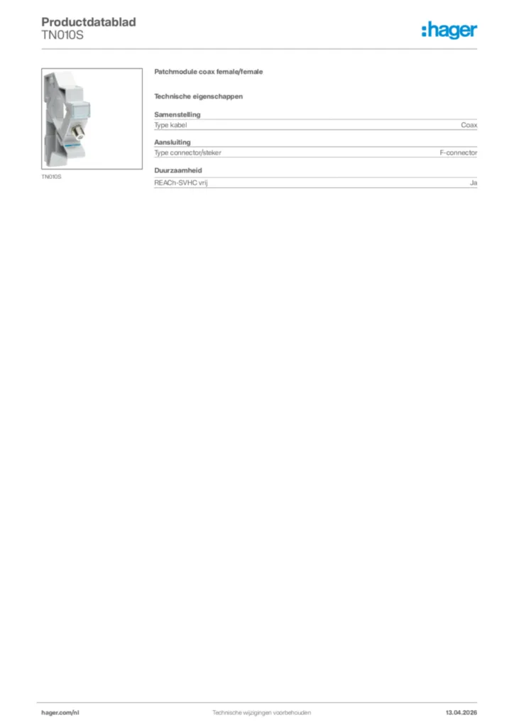 Afbeelding Hager Productdatablad TN010S | Hager Nederland