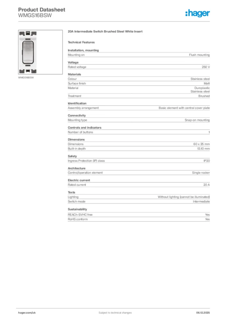 Image Hager Product data sheet WMGS16BSW  | Hager