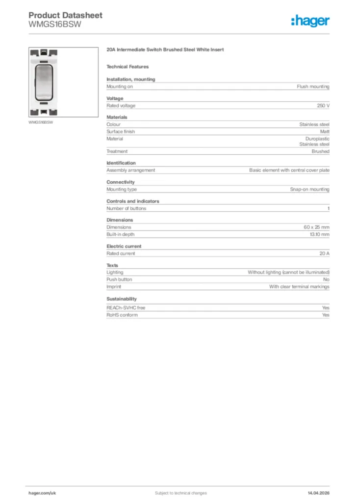 Image Hager Product data sheet WMGS16BSW  | Hager
