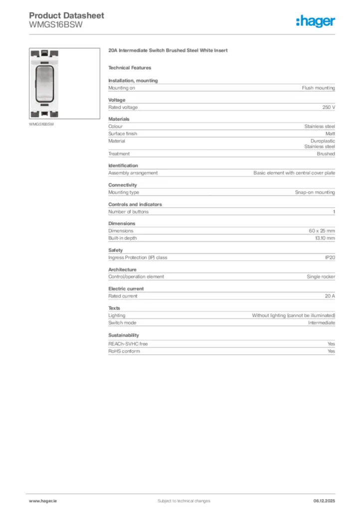 Image Hager Product data sheet WMGS16BSW  | Hager