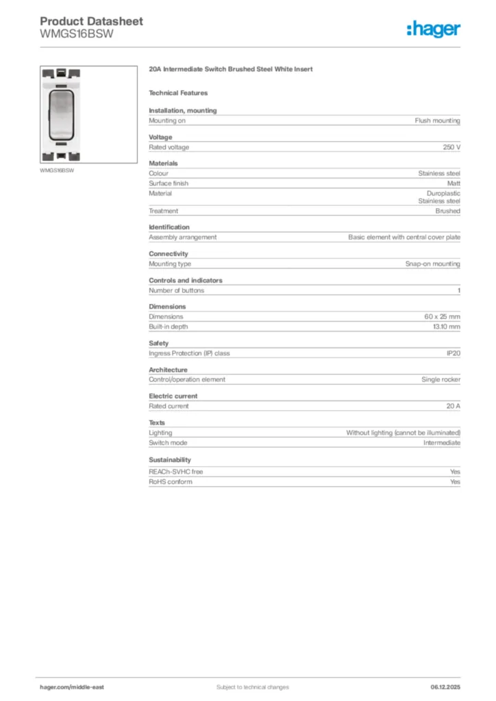 Image Hager Product data sheet WMGS16BSW  | Hager