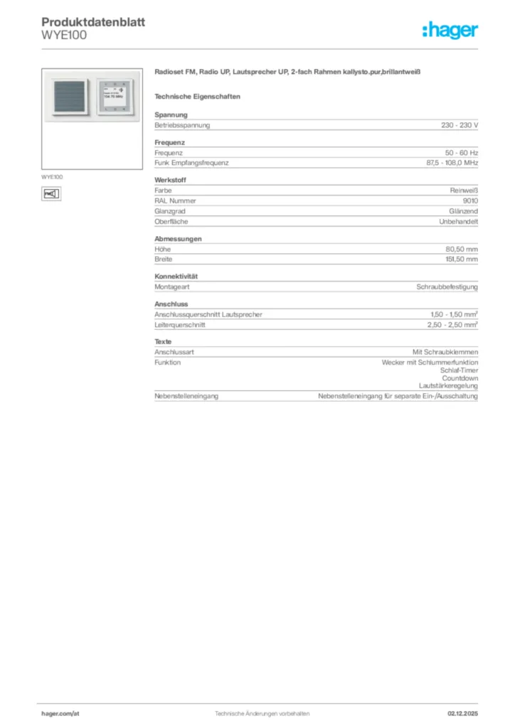 Bild Hager Produktdatenblatt WYE100 | Hager Deutschland