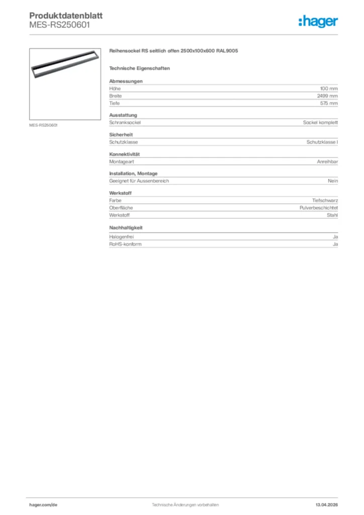 Bild Hager Produktdatenblatt MES-RS250601 | Hager Deutschland