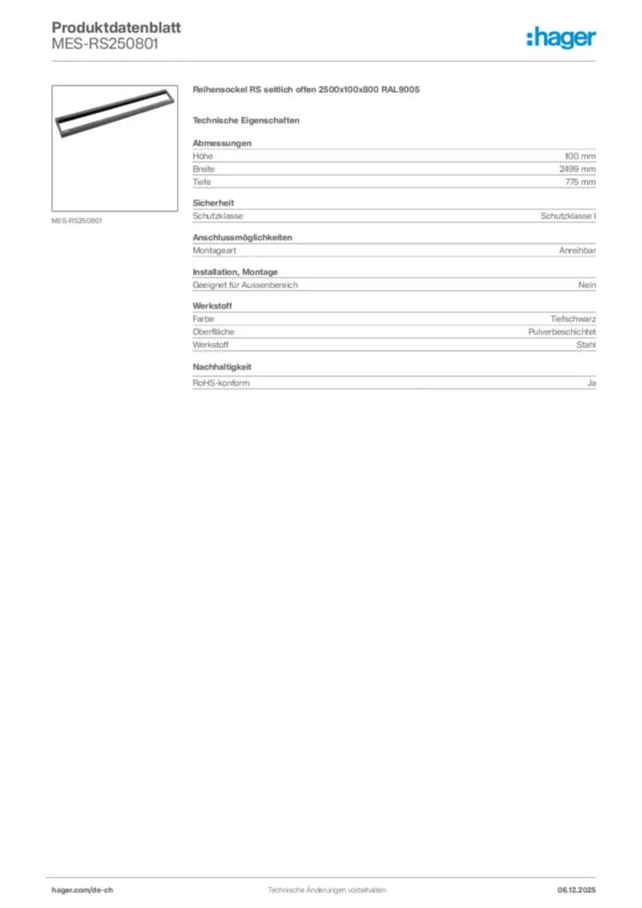 Bild Hager Produktdatenblatt MES-RS250801 | Hager Schweiz