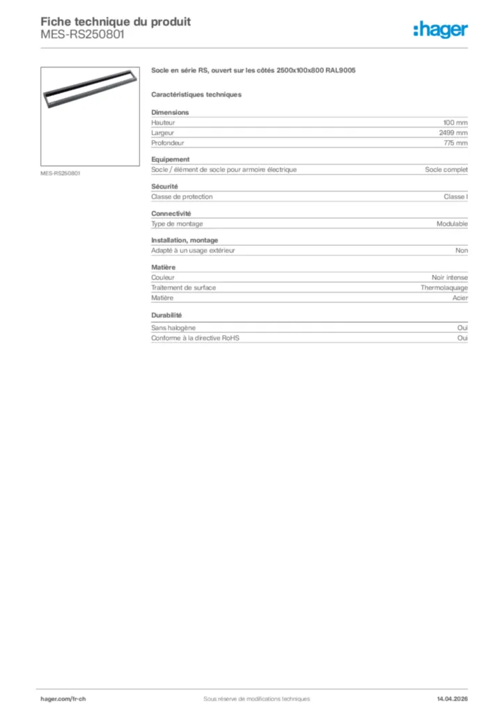 Image Hager Fiche technique du produit MES-RS250801 | Hager Suisse