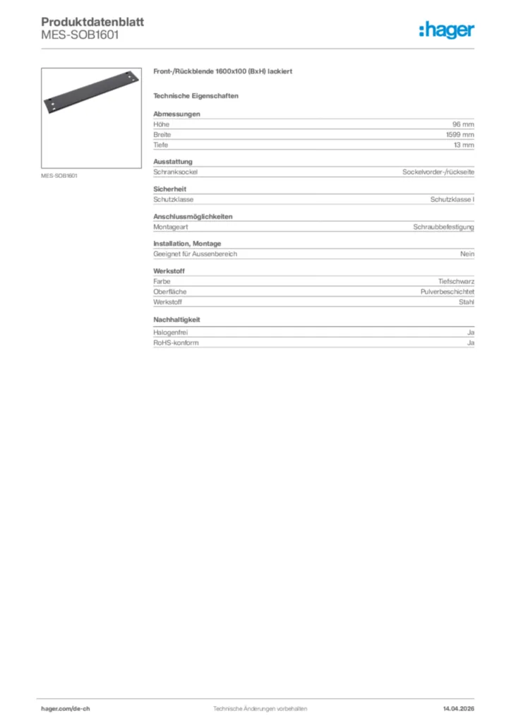 Bild Hager Produktdatenblatt MES-SOB1601 | Hager Schweiz