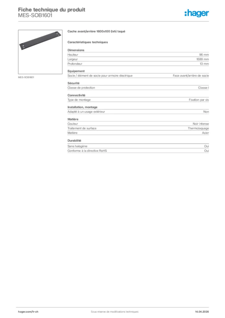 Image Hager Fiche technique du produit MES-SOB1601 | Hager Suisse