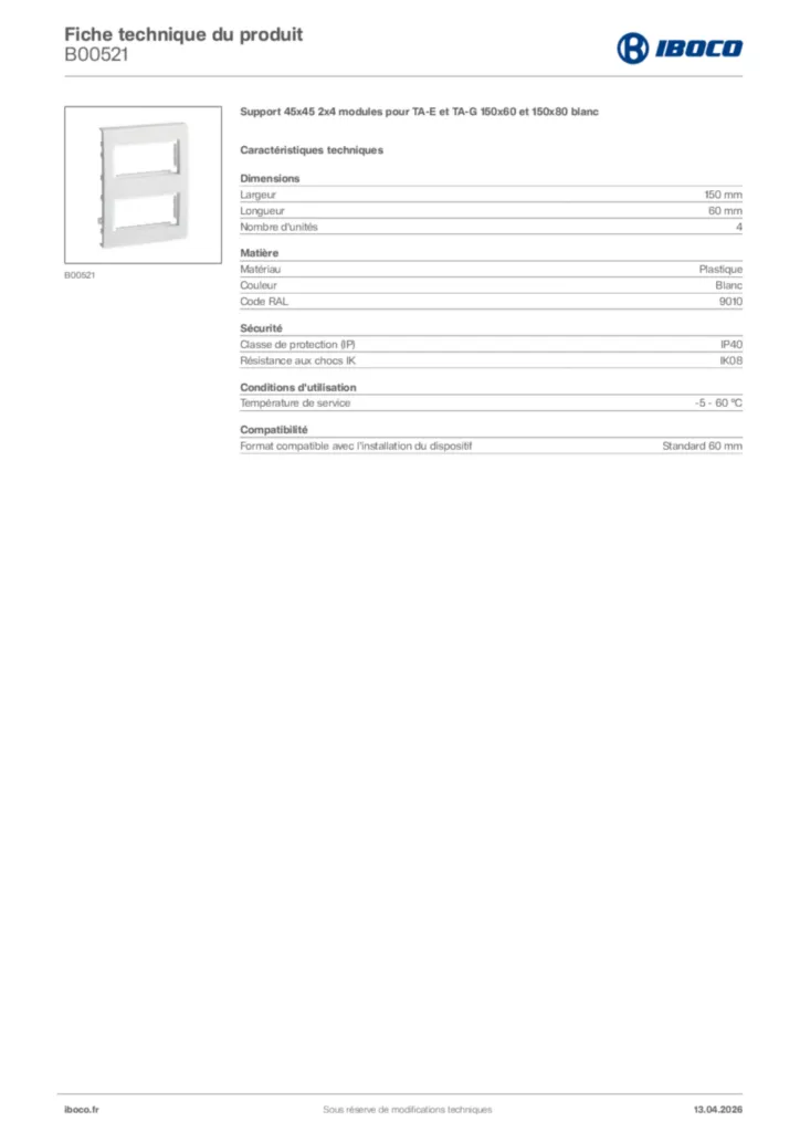 Image Iboco Fiche technique du produit B00521 | Hager France