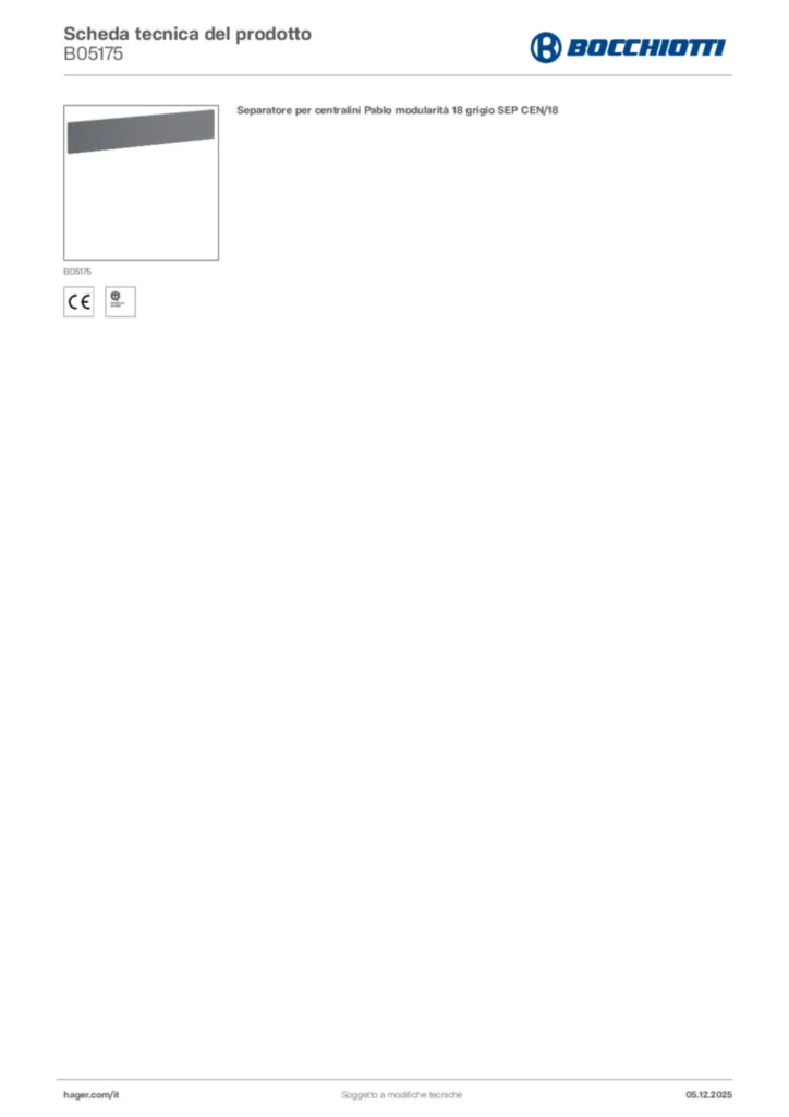 Immagine Bocchiotti Scheda tecnica del prodotto B05175 | Hager Italia