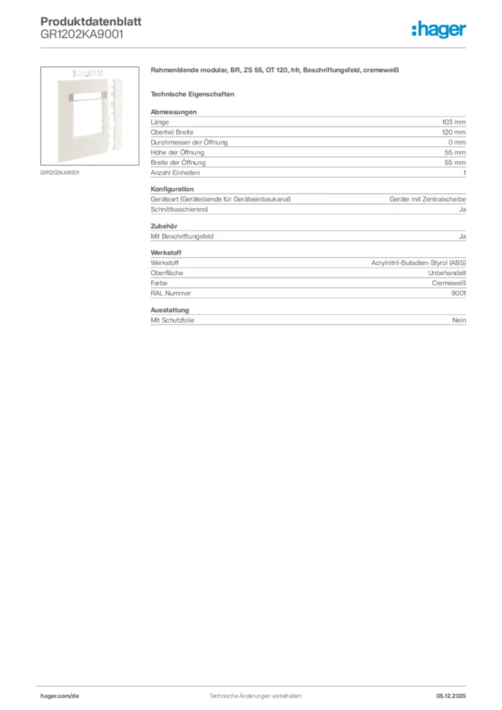Bild Hager Produktdatenblatt GR1202KA9001 | Hager Deutschland