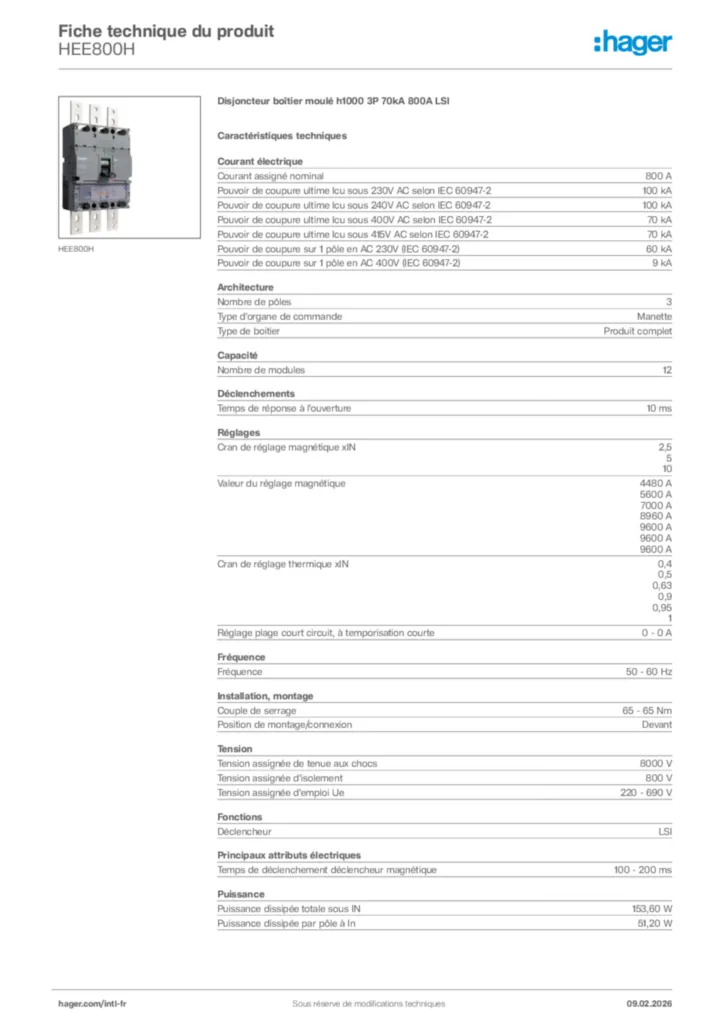 Image Hager Fiche technique du produit HEE800H | Hager Afrique