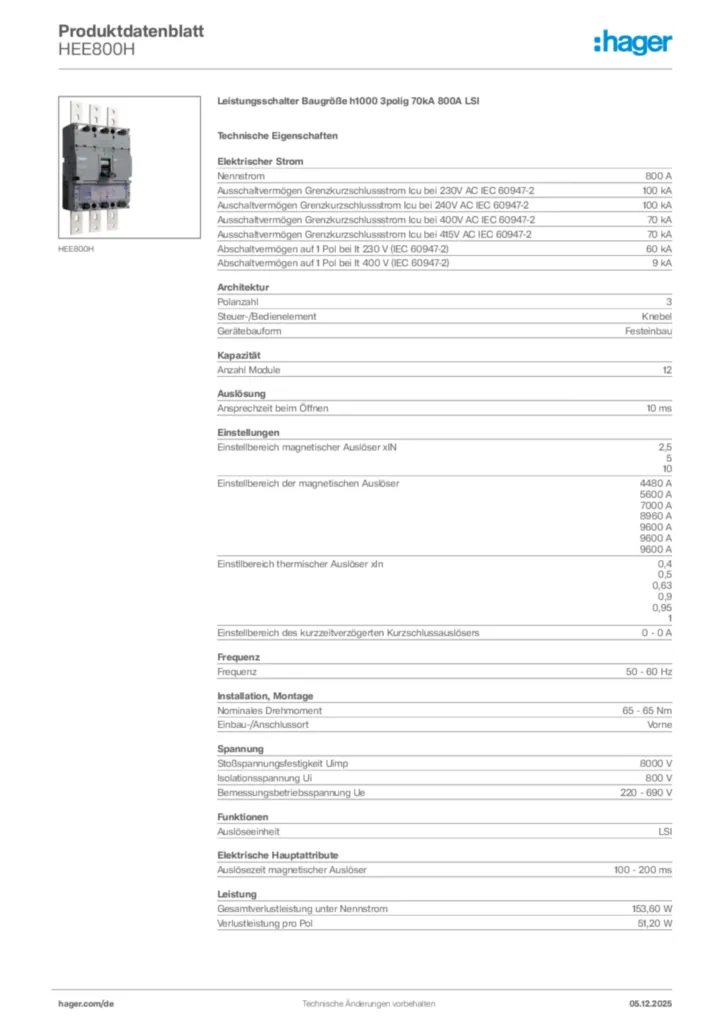 Hager Produktdatenblatt HEE800H