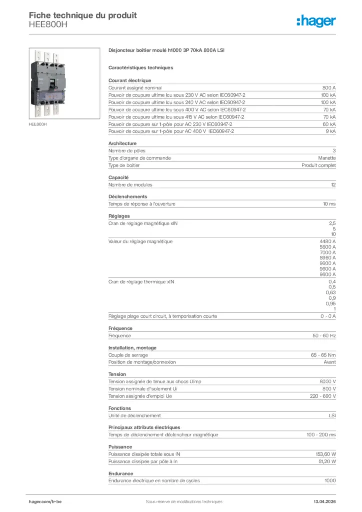 Image Hager Fiche technique du produit HEE800H | Hager Belgique