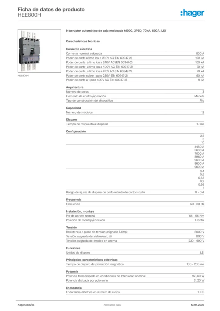 Imagen Hager Ficha de datos de producto HEE800H | Hager España