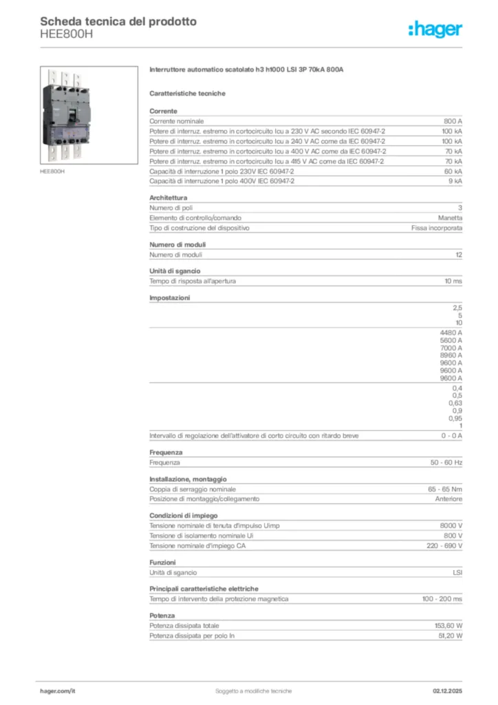 Immagine Hager Scheda tecnica del prodotto HEE800H | Hager Italia
