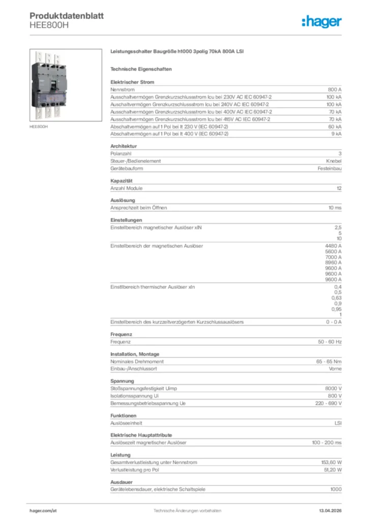 Bild Hager Produktdatenblatt HEE800H | Hager Deutschland