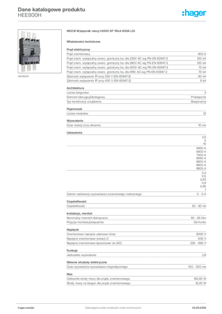 Zdjęcie Hager Dane katalogowe produktu HEE800H | Hager Polska