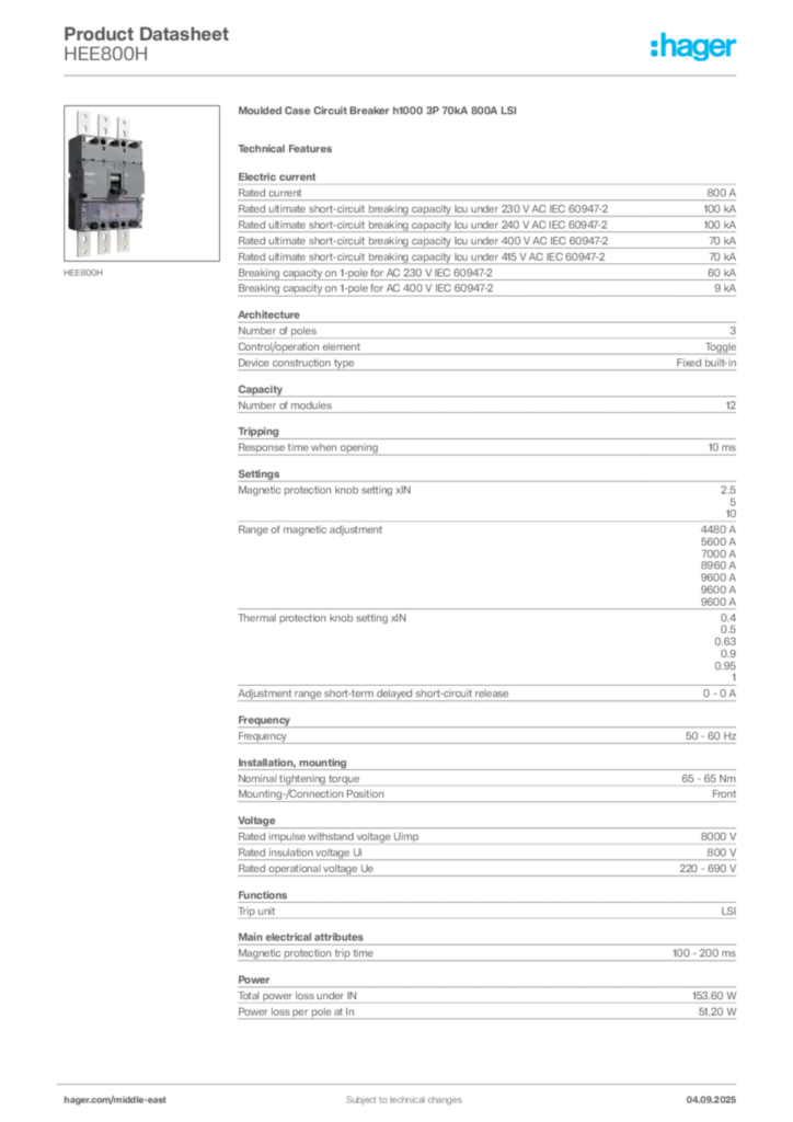 Image Hager Product data sheet HEE800H  | Hager