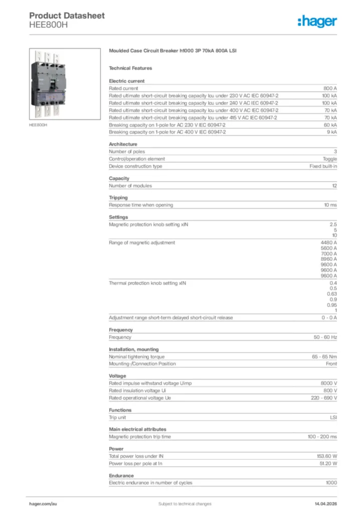 Image Hager Product data sheet HEE800H  | Hager Australia