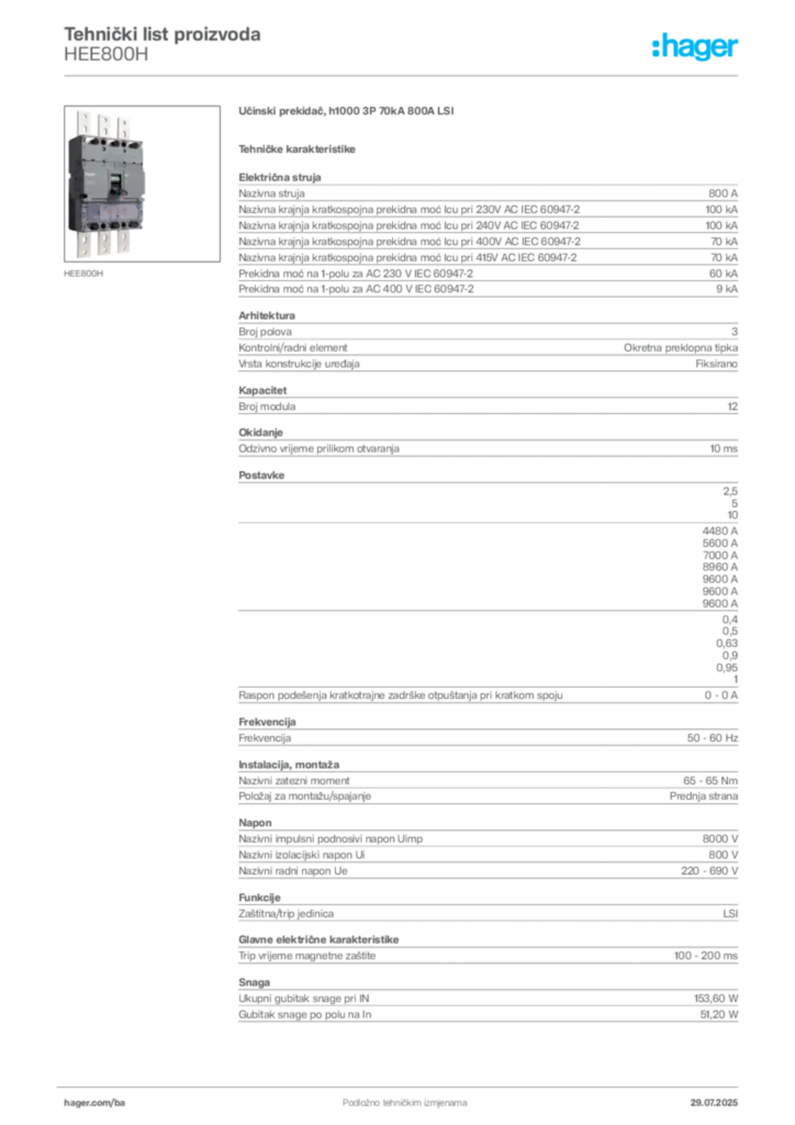Slika Hager Product data sheet HEE800H  | Hager