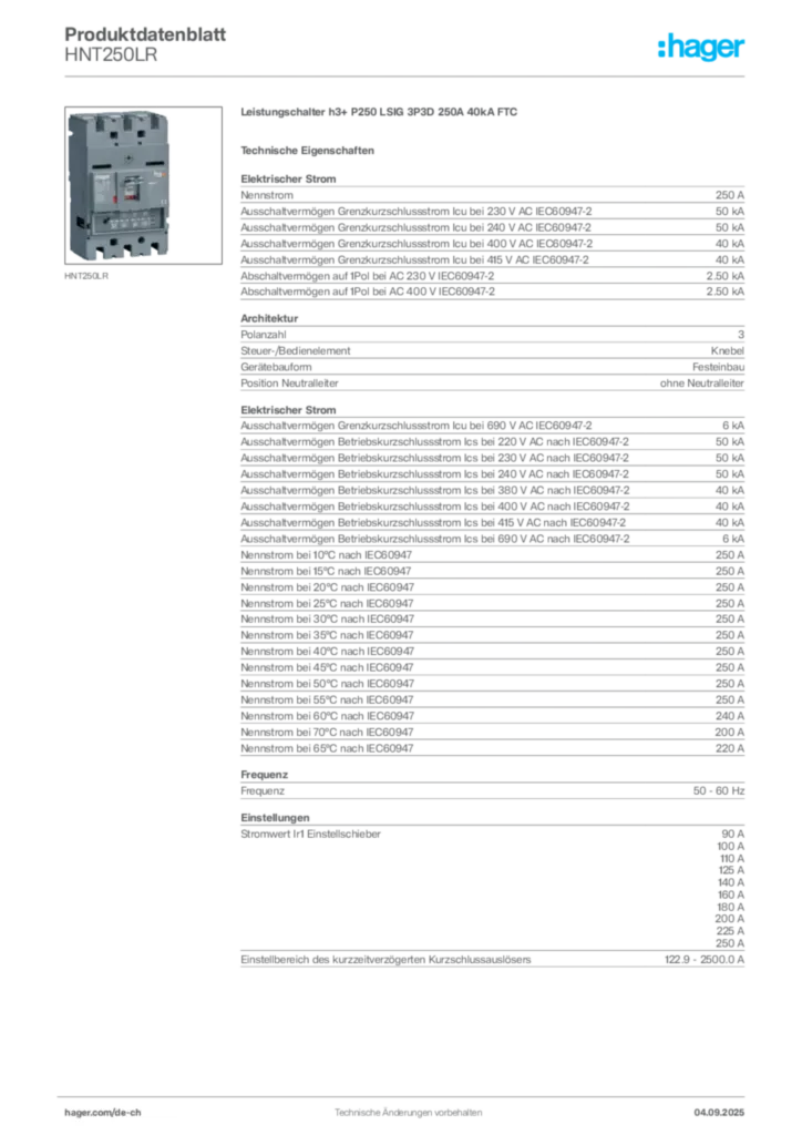 Bild Hager Produktdatenblatt HNT250LR | Hager Schweiz