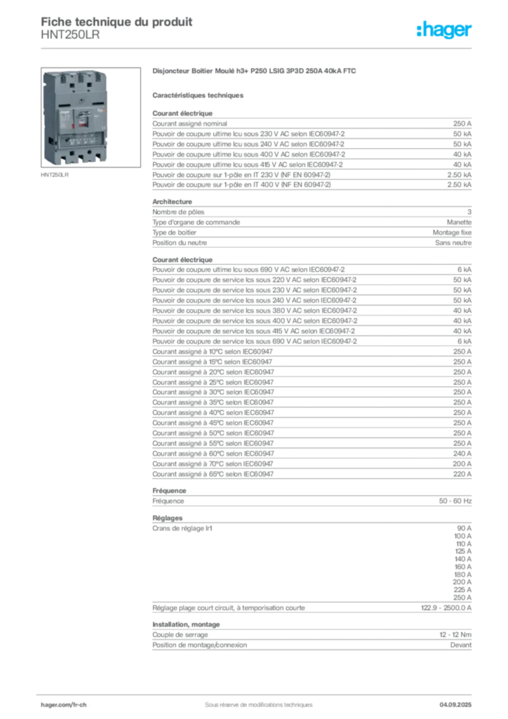 Image Hager Fiche technique du produit HNT250LR | Hager Suisse