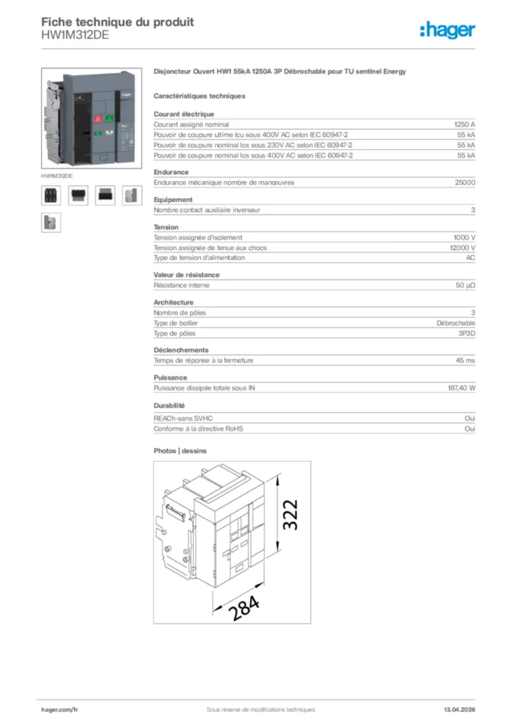 Image Hager Fiche technique du produit HW1M312DE | Hager France