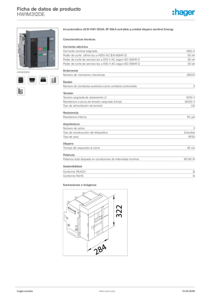 Imagen Hager Ficha de datos de producto HW1M312DE | Hager España