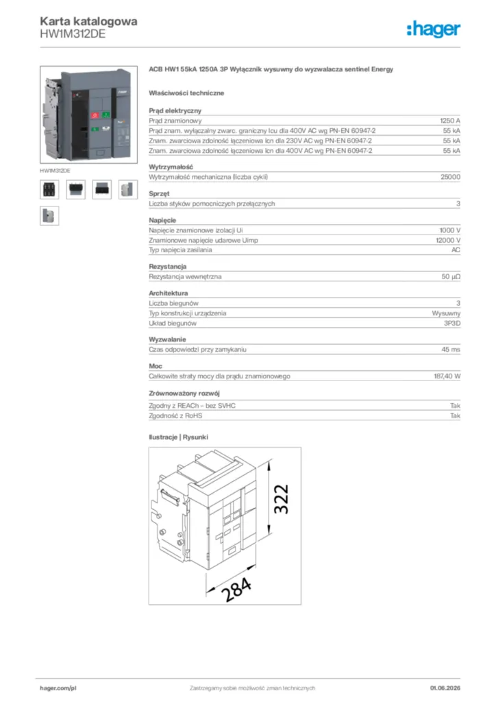 Zdjęcie Hager Karta katalogowa HW1M312DE | Hager Polska