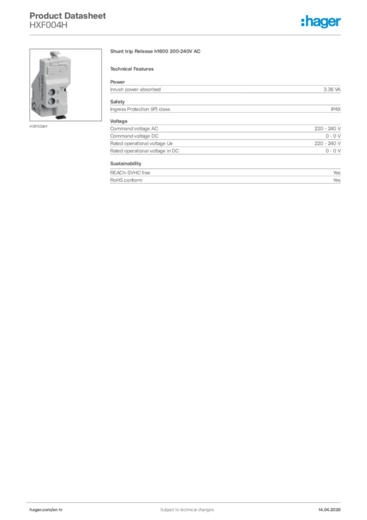Image Hager Product data sheet HXF004H  | Hager