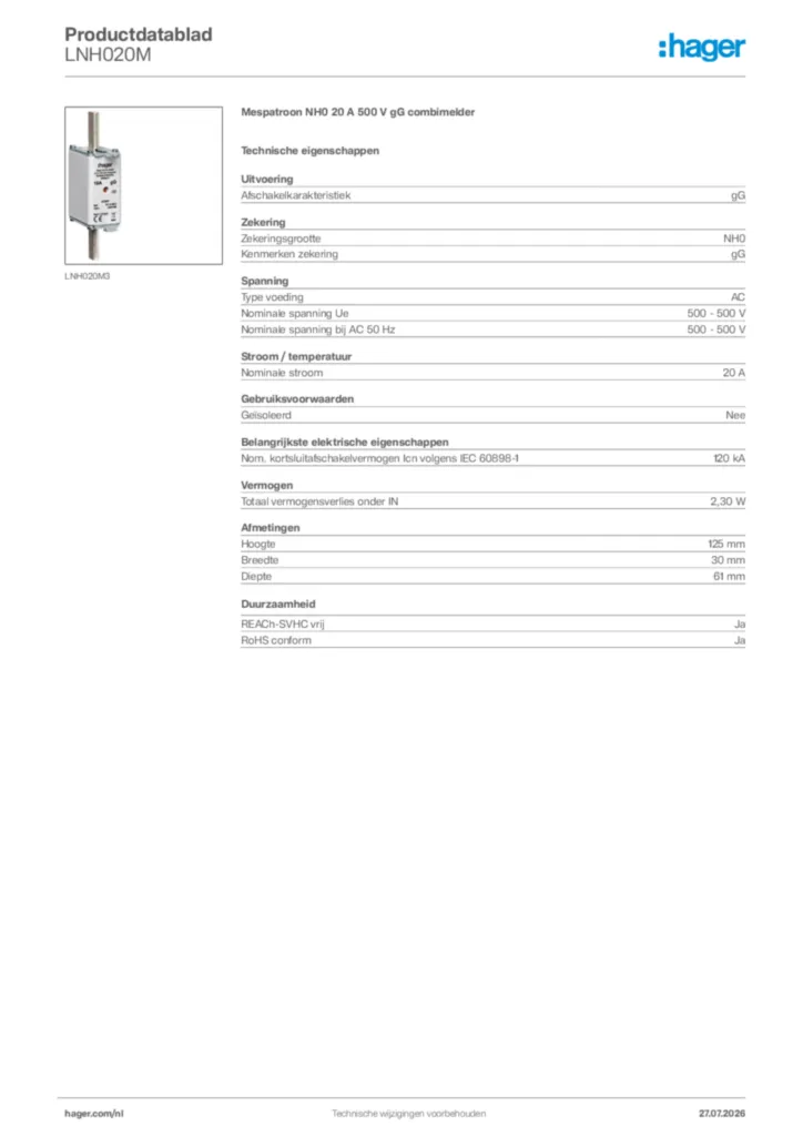 Afbeelding Hager Productdatablad LNH020M | Hager Nederland