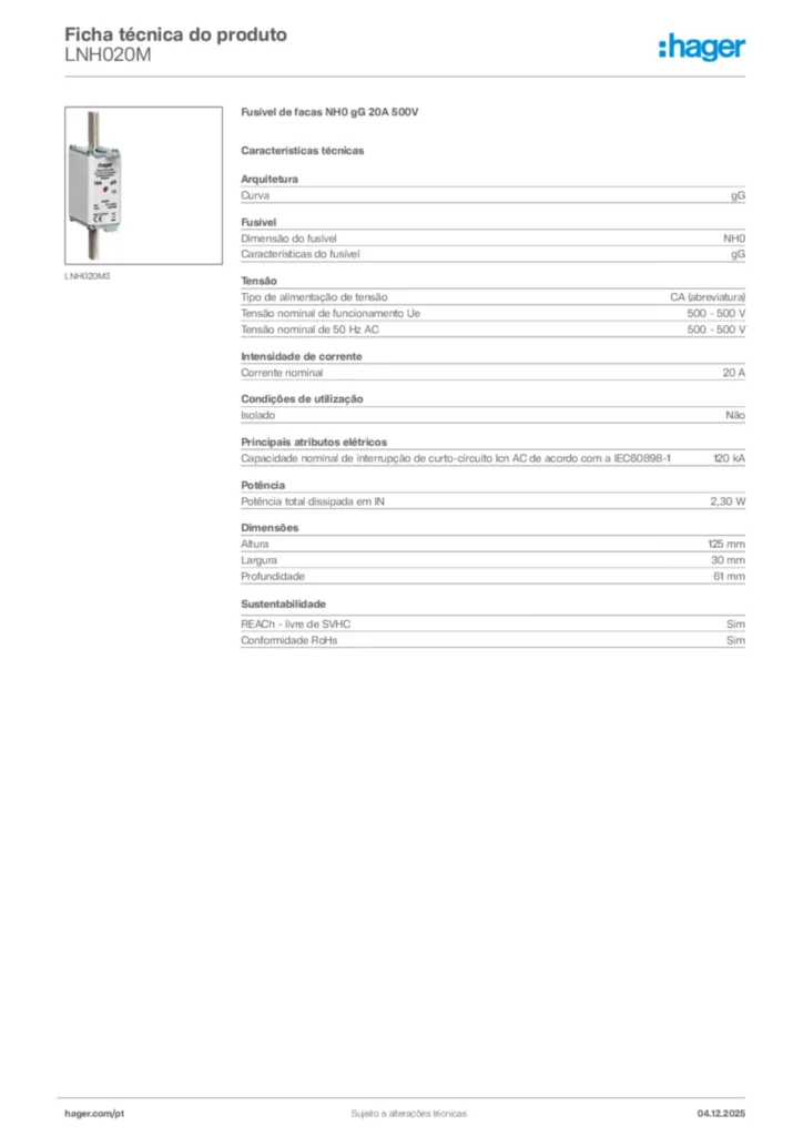 Imagem Hager Ficha técnica do produto LNH020M | Hager Portugal